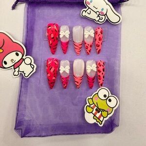 Hot Pink Leopard & Bow Stiletto Press-On Nail Set